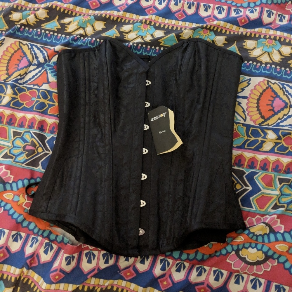 Plus Size Black Brocade Overbust Corset